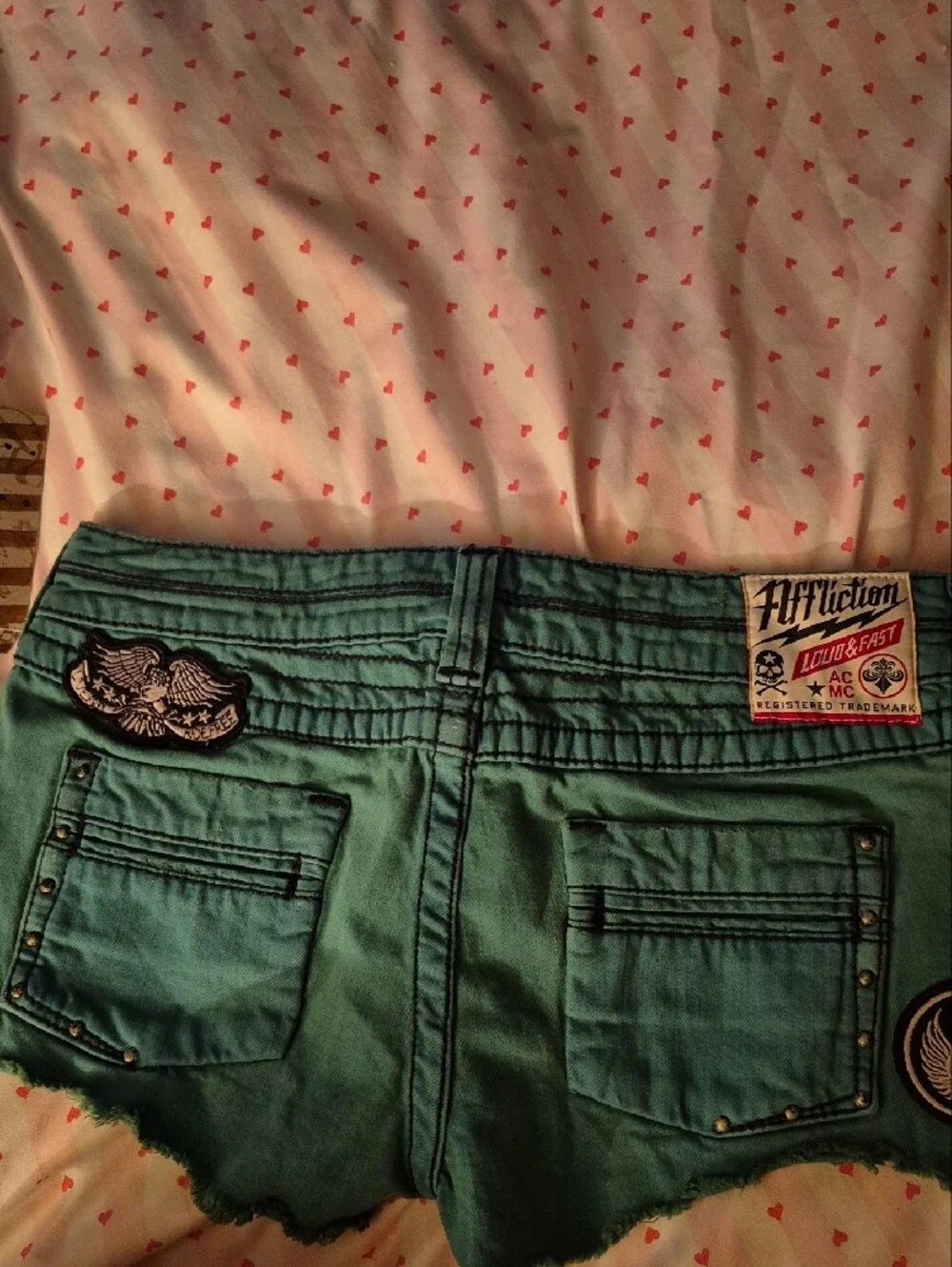 Affliction Green  Low-Rise Distressed Denim Shorts